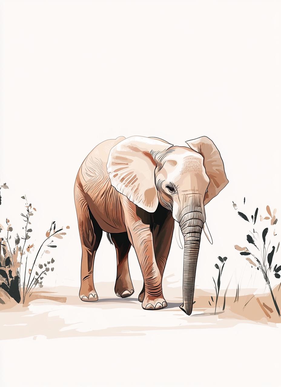 Minimalistische Illustration Elefant Tierillustration Modernes Tierdesign Boho Stil Sanfte Farben Aquarell Elefant Botanische Wandkunst